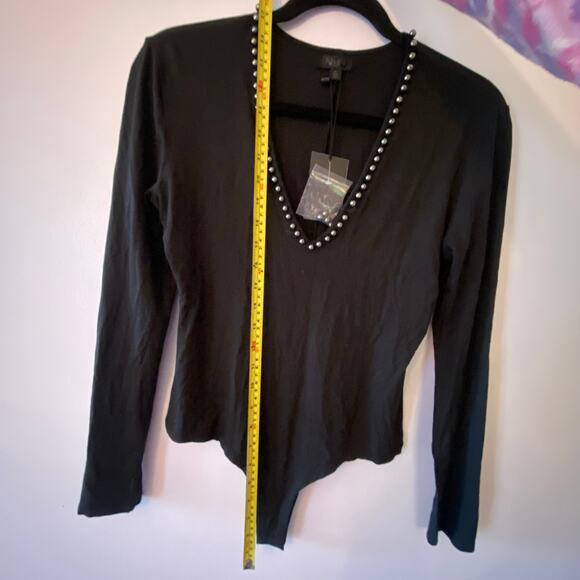 NWT NBD Black Beaded V-neck Bodysuit Long Sleeve Stretchy Glam Women size Medium - Picture 11 of 12
